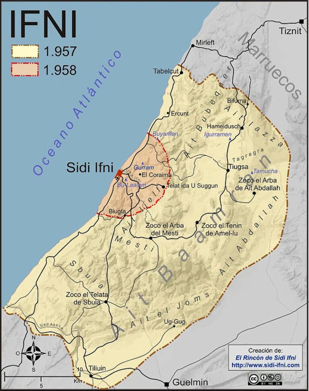 Mapa del territorio de Ifni en 197 y 1958. (Fuente: Guerras posmodernas)