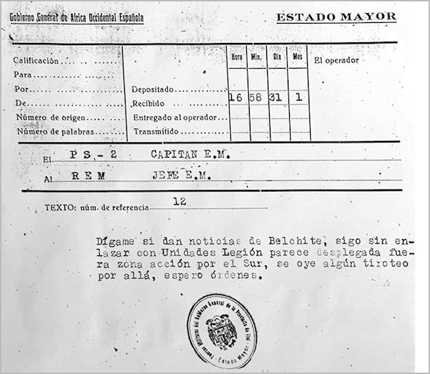 Radiograma del Estado Mayor de una operación en la que interviene la Compañía Belchite.