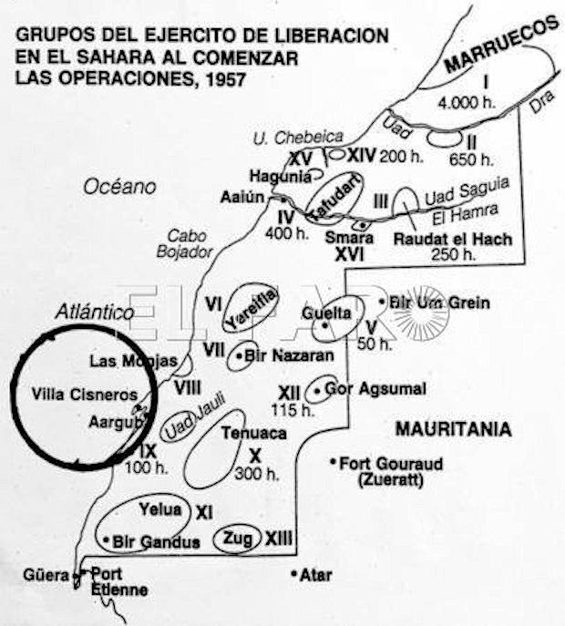 Gráfico de los grupos de las Bandas Rebeldes que operaban en el Sáhara. El círculo señala Villa Cisneros.