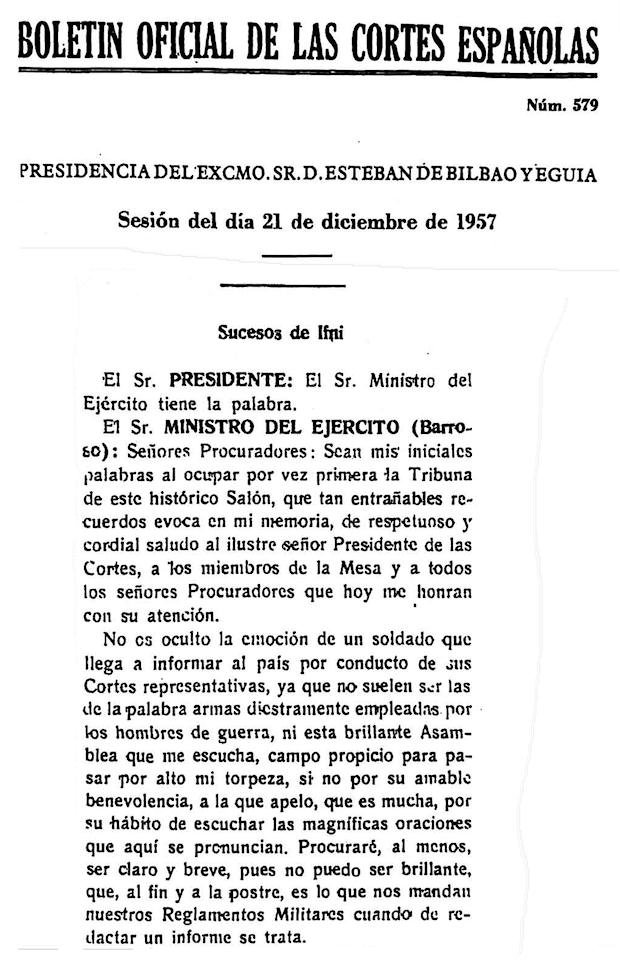 Diario de Sesiones de las Cortes sobre la comparecencia del ministro del Ejército explicando los sucesos de Ifni el 21 de diciembre de 1957.