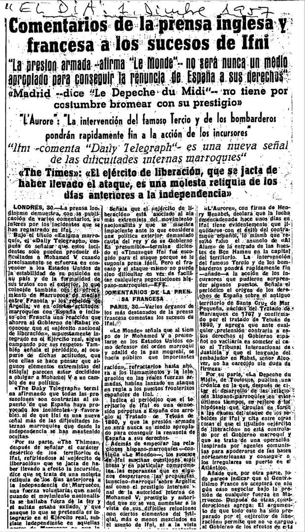 Titulares de prensa extranjera sobre los sucesos de Ifni, publicado en el periódico El Día, el 1 de diciembre de1957.
