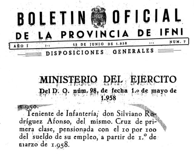Texto del Ministerio del Ejército concediendo al entonces teniente Silviano Rodríguez Afonso la Cruz al Mérito Militar pensionada.