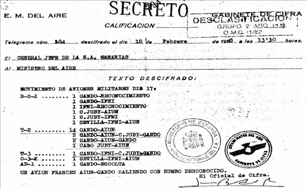 Documento secreto de la Zona Aérea de Canarias donde aparecen los vuelos entre Gando y el África Occidental española. Nada menos que veintiocho vuelos.