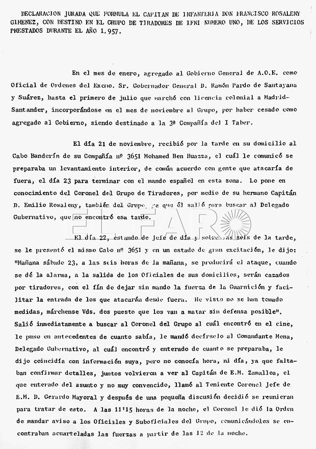 Declaración jurada del entonces capitán Francisco Rosaleny Jiménez sobre la confidencia del cabo banderín musulmán de su compañía del ataque a Sidi Ifni.