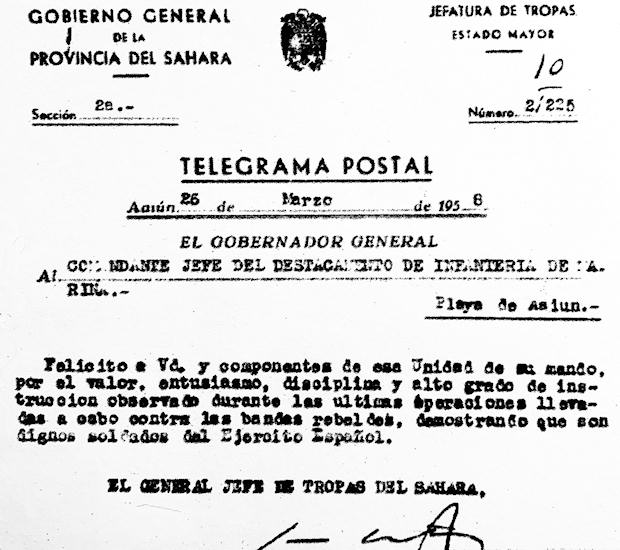 Telegrama de felicitación del general jefe del sector del Sáhara, José Héctor Vázquez.