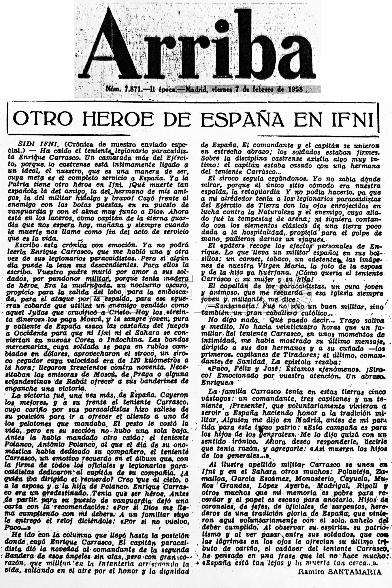 Crónica sobre la Guerra de Ifni publicada en el Diario Arriba, donde era corresponsal de guerra.