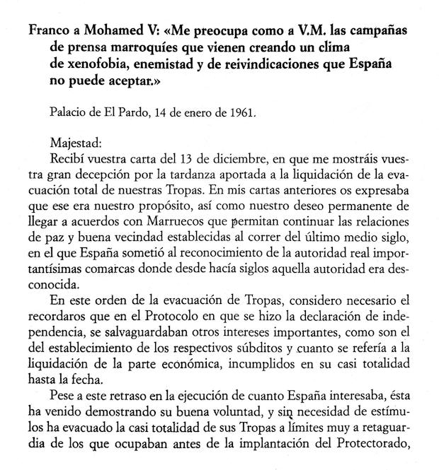 Documento del entonces jefe del Estado al rey Mohamed V, advirtiéndole que España no tolerará campaña de reivindicaciones. Texto de la Fundación FF.