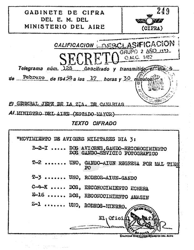 Documento secreto de operaciones de aviones en febrero de 1958.