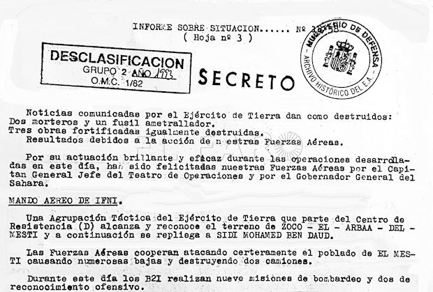 Documento secreto sobre operaciones del Ejército del Aire sobre Ifni y el Sáhara.