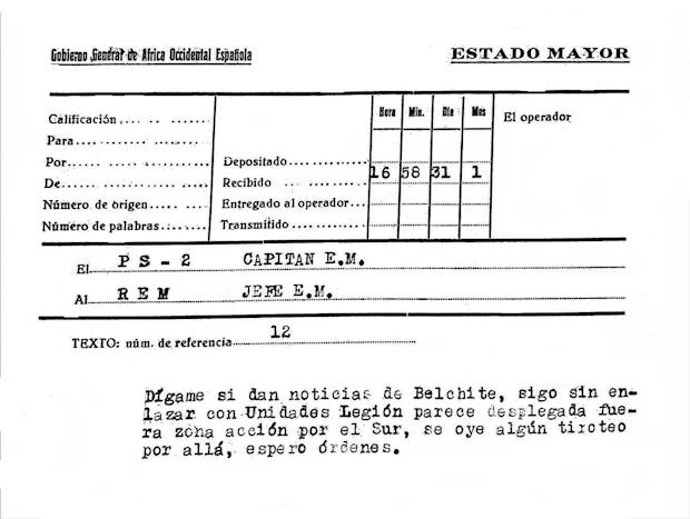 Texto de un telegrama del Estado Mayor de Ifni sobre noticias de la Compañía Belchite 57.