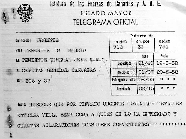 Telegrama del Teniente General Jefe del Estado Mayor Central del Ejército al Capitán General de Canarias para que le informe de la entrega de Villa Bens a Marruecos.