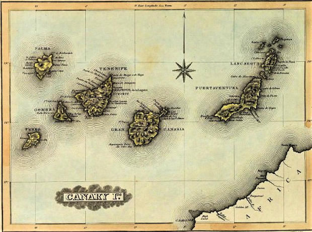Mapa de las Islas Canarias y la cercana costa africana, 1823.