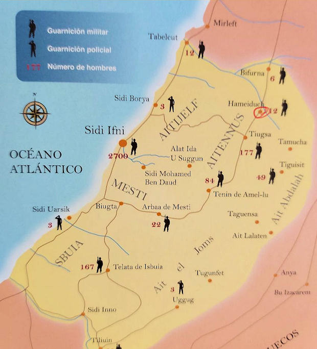 Mapa de la colonia de Sidi Ifni. En rojo se ha marcado el fuerte de Hameiduch.