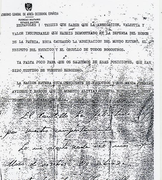 Copia de la carta que el Gobierno de Ifni les lanzó a los defensores de Tiliuin desde un Junkers. | DA