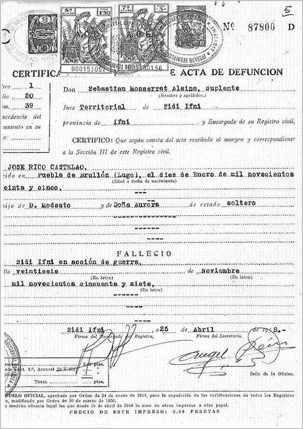 Certificado de defunción de José Rico Castelao.