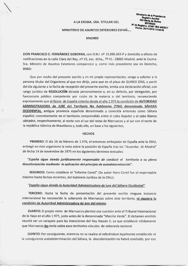 Texto del requerimiento del abogado Francisco Fernández Goberna a la ministra Trinidad Jiménez sobre los llamados Acuerdos de Madrid que nunca existieron. Consultar el texto completo de la solicitud pinchando aquí.