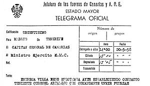 Telegrama informando de la entrega de Villa Bens.