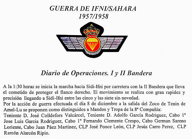 El Diario de operaciones de la II Bandera cita entre otros a José Colldefors Valcárcel como distinguidos en la operación de liberación de El Tenín.