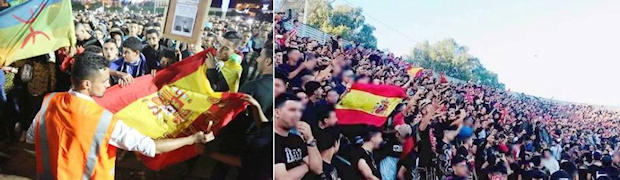 La bandera española durante una manifestación en Alhucemas en la primavera de 2017, y en la grada del Saniat Ramel de Tetuán.