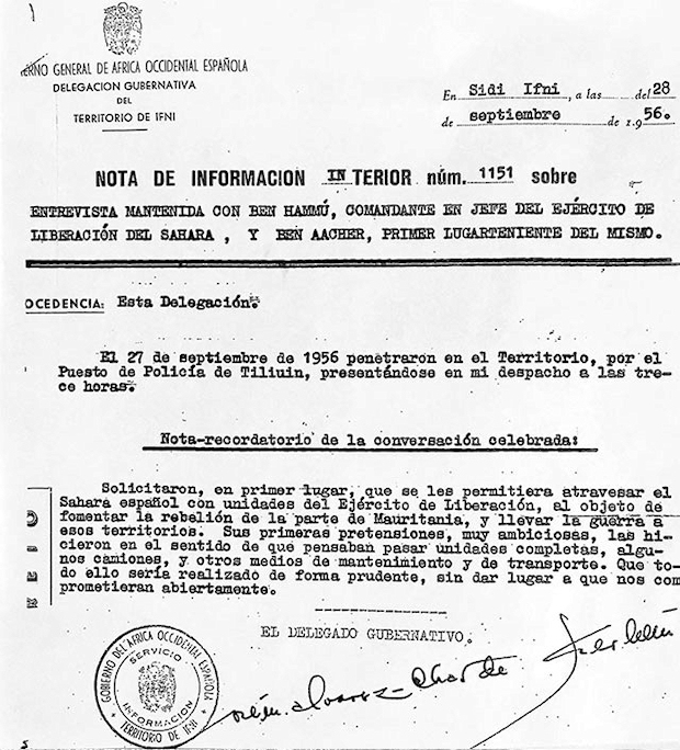 Texto de un documento sobre una entrevista del comandante Álvarez-Chas y dos jefes del Ejército de liberación marroquí.