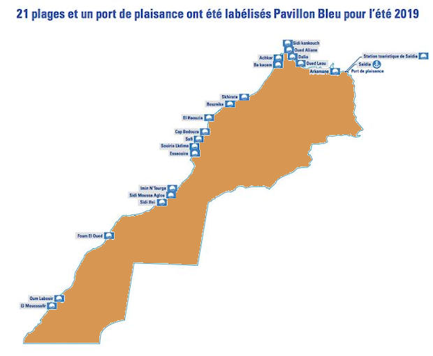 Mapa de las playas con Bandera Azul de Marruecos (Fuente: Fundación Mohammed VI)