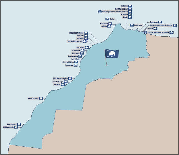 28 playas y 2 puertos deportivos ondean la Bandera Azul en Marruecos en 2022.