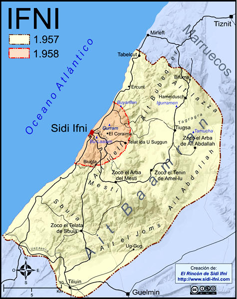 Mapa del Territorio de Ifni en 1957 y en 1958, después de la Guerra.