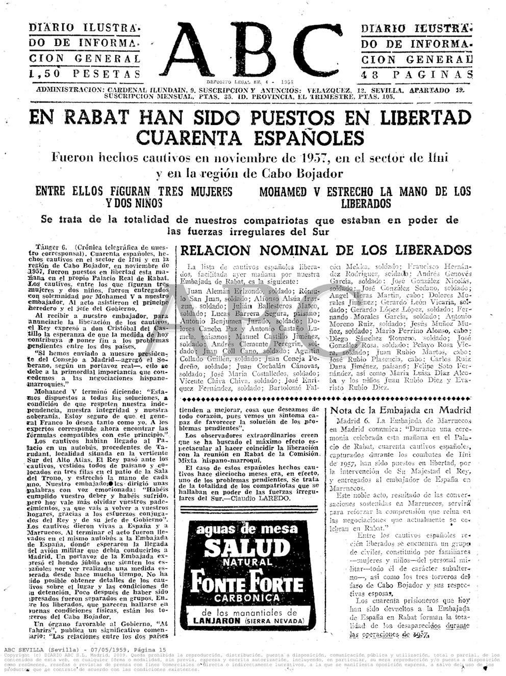 ABC (Sevilla) del 7 de mayo de 1959, con la noticia de la liberación de 40 prisioneros.