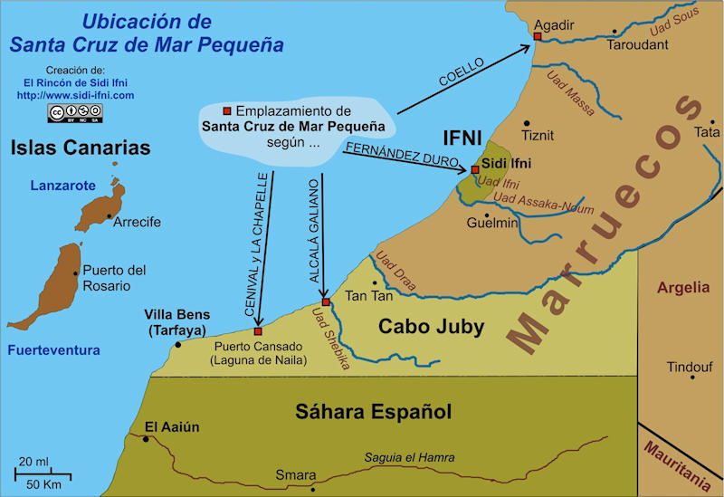 Emplazamiento de Santa Cruz de la Mar Pequeña según diferentes autores. Emplazamiento de Santa Cruz de la Mar Pequeña según diferentes autores.