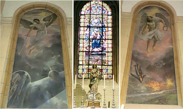 Vidriera y lienzos de la capilla de Nuestra Señora de Los Llanos.