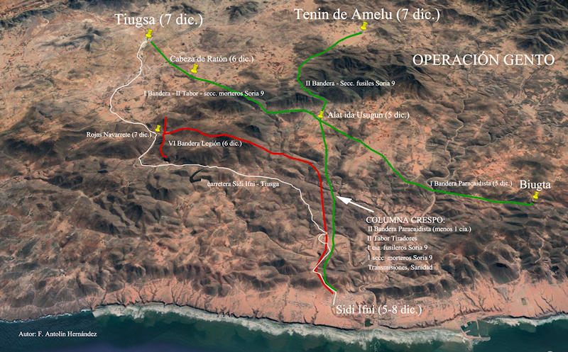 Mapa del desarrollo de la Operación Gento (Elaboración propia a partir imagen Google Earth)