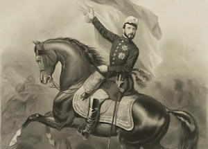 Estampa del ilustrador y grabador Gustave Lévy del año 1860 que muestra al general Prim arengando a las tropas en la Batalla del 1 de enero en Castillejos, cerca de Ceuta. (Fuente de la imagen: Museo Nacional del Romanticismo)