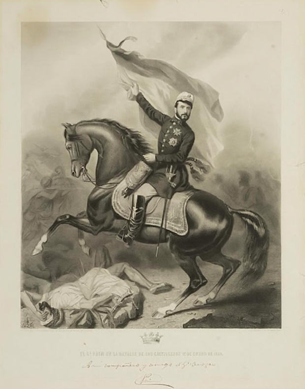 Estampa del ilustrador y grabador Gustave Lévy del año 1860 que muestra al general Prim arengando a las tropas en la Batalla del 1 de enero en Castillejos, cerca de Ceuta. (Fuente de la imagen: Museo Nacional del Romanticismo) 