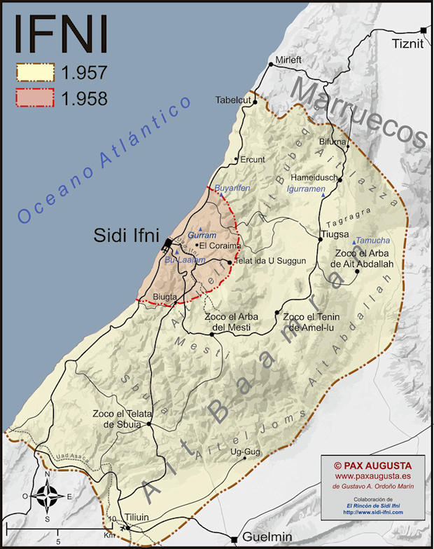 Mapa de Ifni con las fronteras de antes (1957) y de después (1958) de la guerra.