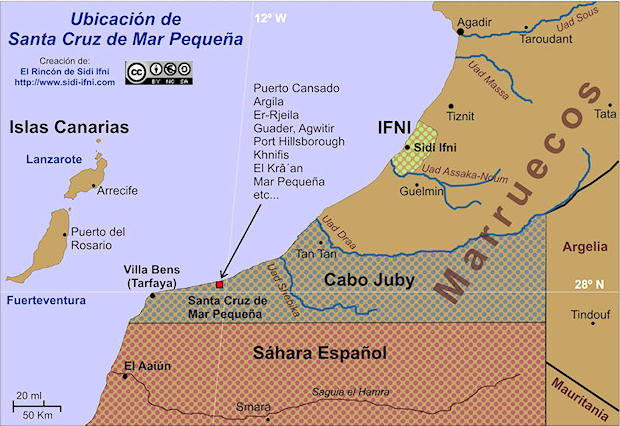 Supuesta ubicación de Santa Cruz Mar Pequeña y la situación final del territorio de Ifni