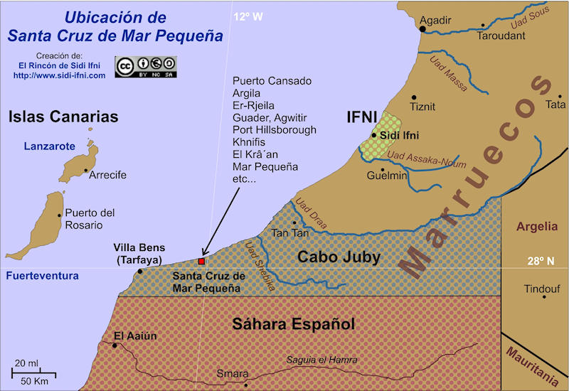 Ubicación de la que fue 51º provincia española, que no se corresponde con el enclave cedido a perpetuidad, Sta. Cruz Mar Pequeña, en el Tratado Wad-Ras de 1860.