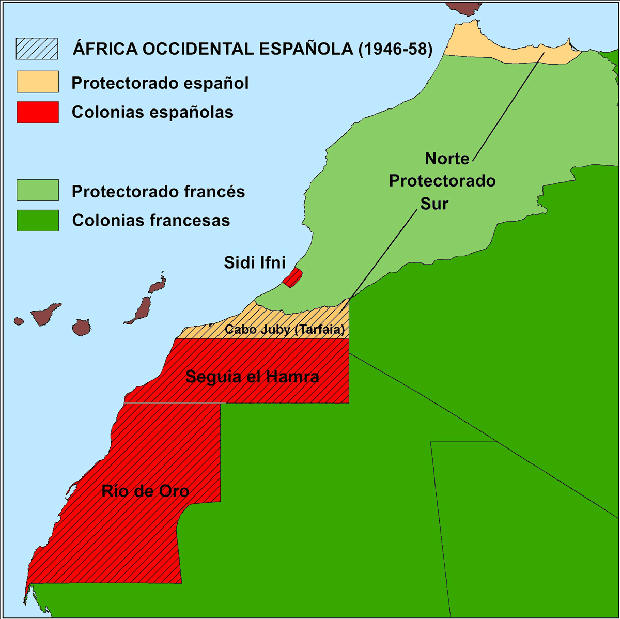 El A.O.E. (falta Guinea Ecuatorial, más tarde adscrita a esa Administración) y los Protectorados. (Imagen: J.A. Rodríguez Esteban