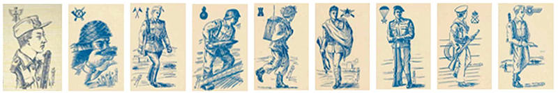 Detalle de las ilustraciones que figuran en las Tarjetas Postales, todas ellas en color azul.
