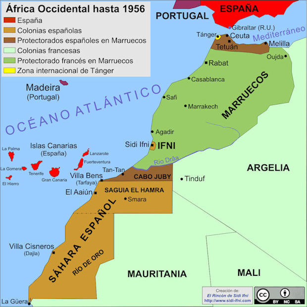 Mapa del África Occidental hasta 1956, año de la creación del Reino de Marruecos.