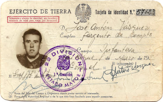 Tarjeta de identidad del sargento Antón.