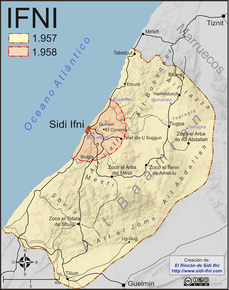 El territorio de Ifni quedó reducido tras la guerra de 1957 al perímetro defensivo que rodeaba la capital, Sidi Ifni; el resto del enclave fue abandonado tras la evacuación de los puestos de avanzada, y nunca se recuperó; quedó de hecho en manos del ejército de Marruecos. Fuente: El rincón de Sidi Ifni (blog).